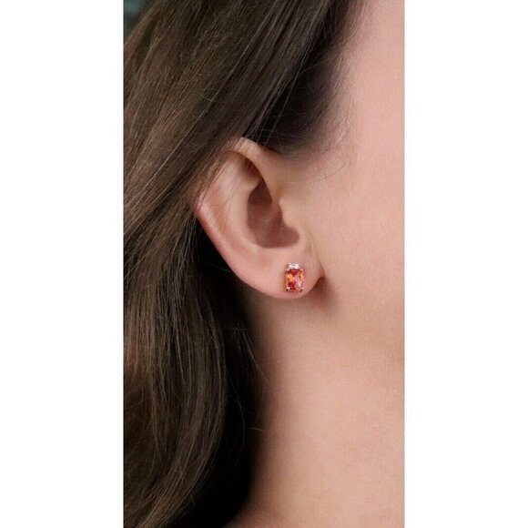 10k Yellow Gold Lab Created Orange Sapphire Padparadscha & White Topaz stud - Picture 4 of 9